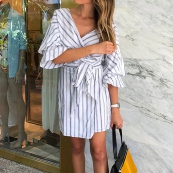 Wayf Dresses & Skirts - WAYF Beckett Wrap Dress in Pinstripe Blue